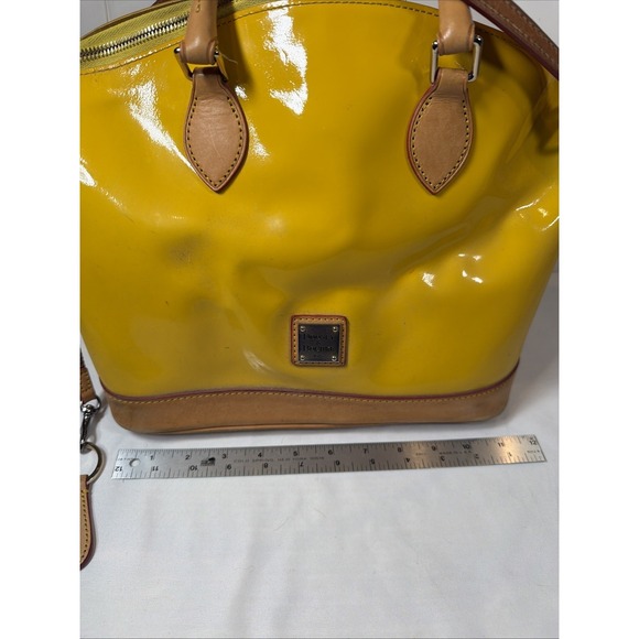 Dooney & Bourke Darcy Satchel Yellow Patent Leather Tan Leather Crossbody Bag - Picture 6 of 16